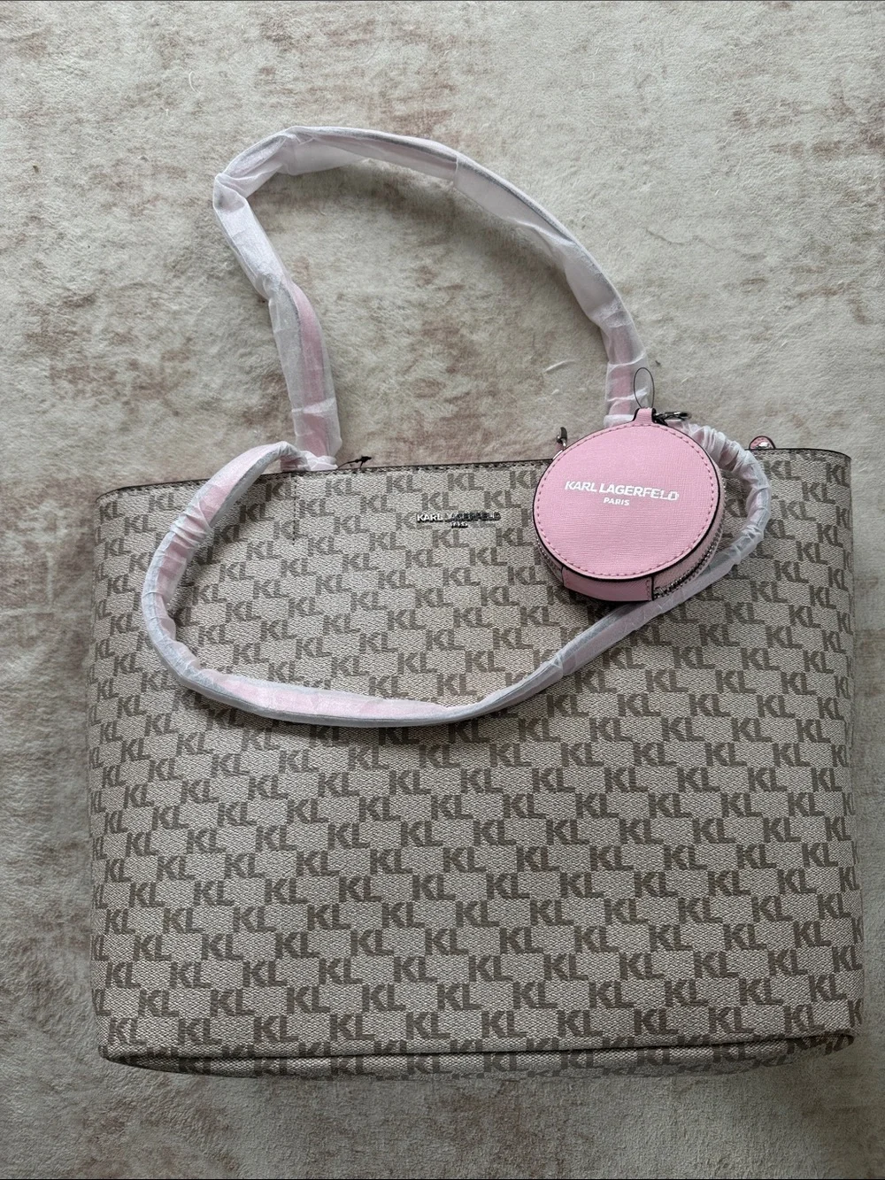 Karl Lagerfeld Paris Beige Monogram Adele Tote with Pink Coin Pouch